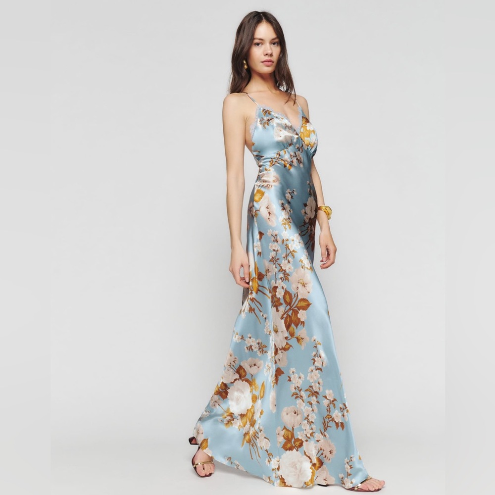 100% Silk Reformation Blue Floral Maxi Dress